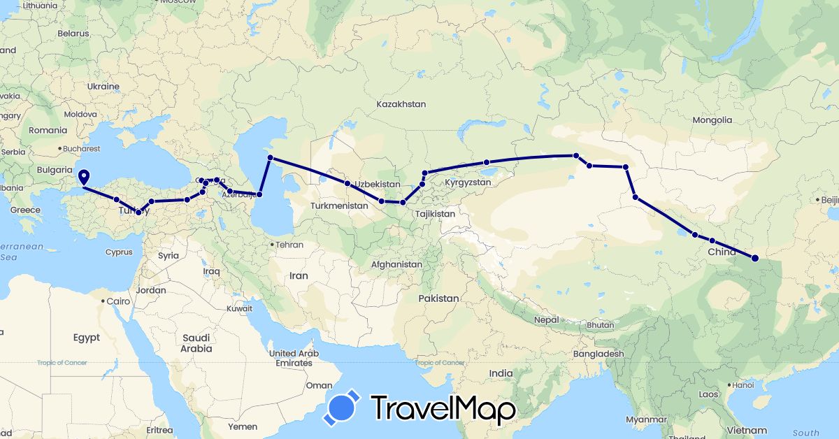 TravelMap itinerary: driving in Azerbaijan, China, Georgia, Kazakhstan, Turkey, Uzbekistan (Asia)