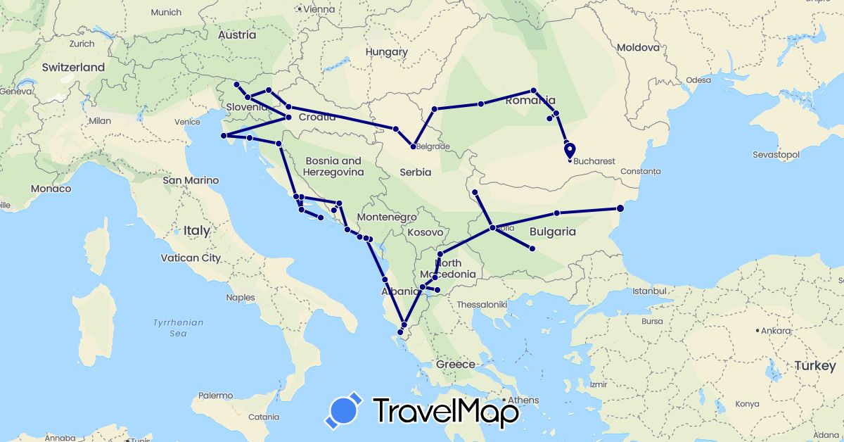 TravelMap itinerary: driving in Albania, Bosnia and Herzegovina, Bulgaria, Croatia, Montenegro, Macedonia, Romania, Serbia, Slovenia (Europe)
